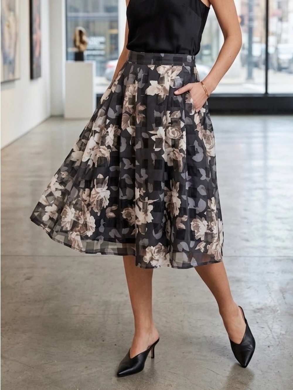 Pink Martini Sheer Checkered Floral A-Line Skirt Size Small